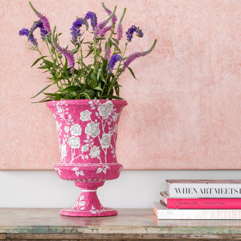 Fuchsia Hand Painted Paper Mache Urn